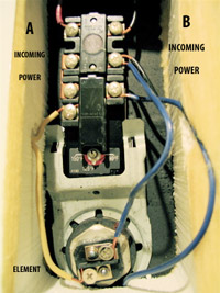Water heater. This is the upper thermostat. the red button is an overtemperature switch